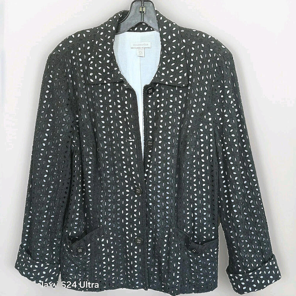Vintage 80s Charter Club Black Eyelet White Pleated Blazer Jacket Womens Sz XL